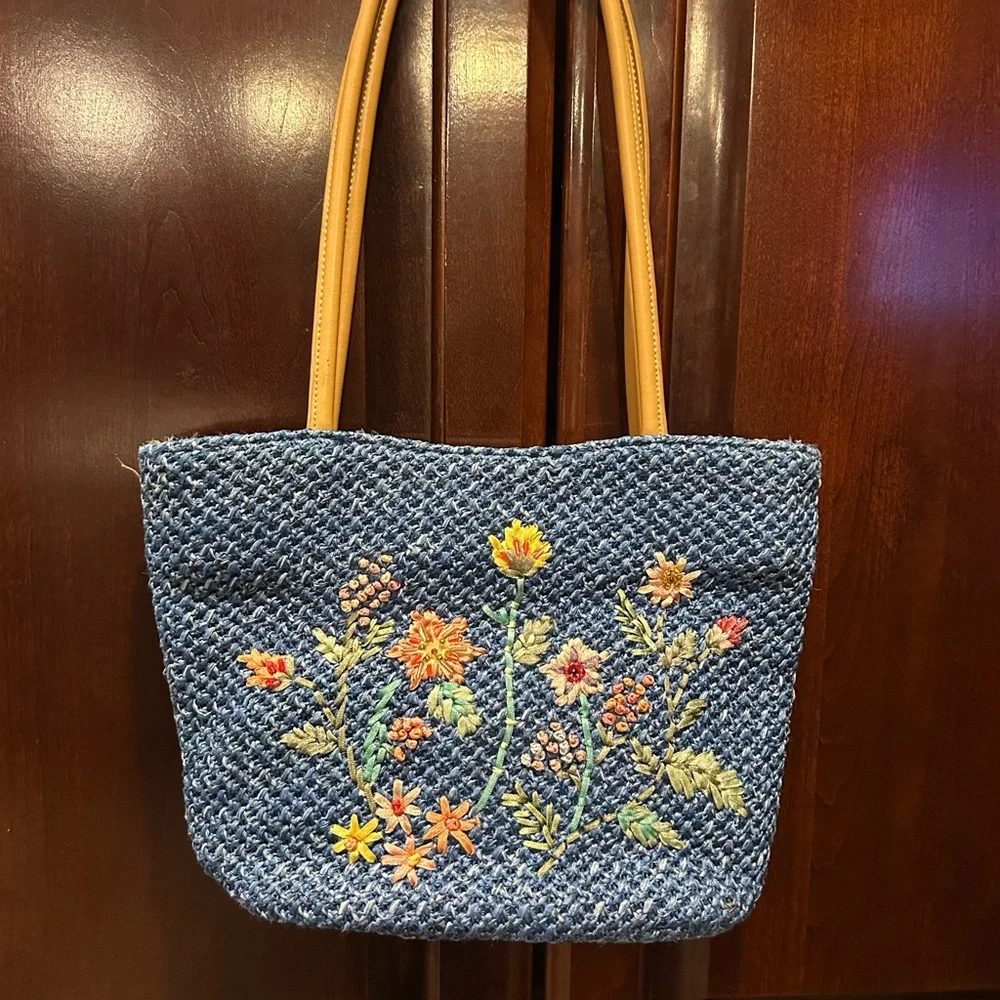 Blue Woven Straw Tote Floral Embroidered‎ Shoulder Bag Boho Cottagecore